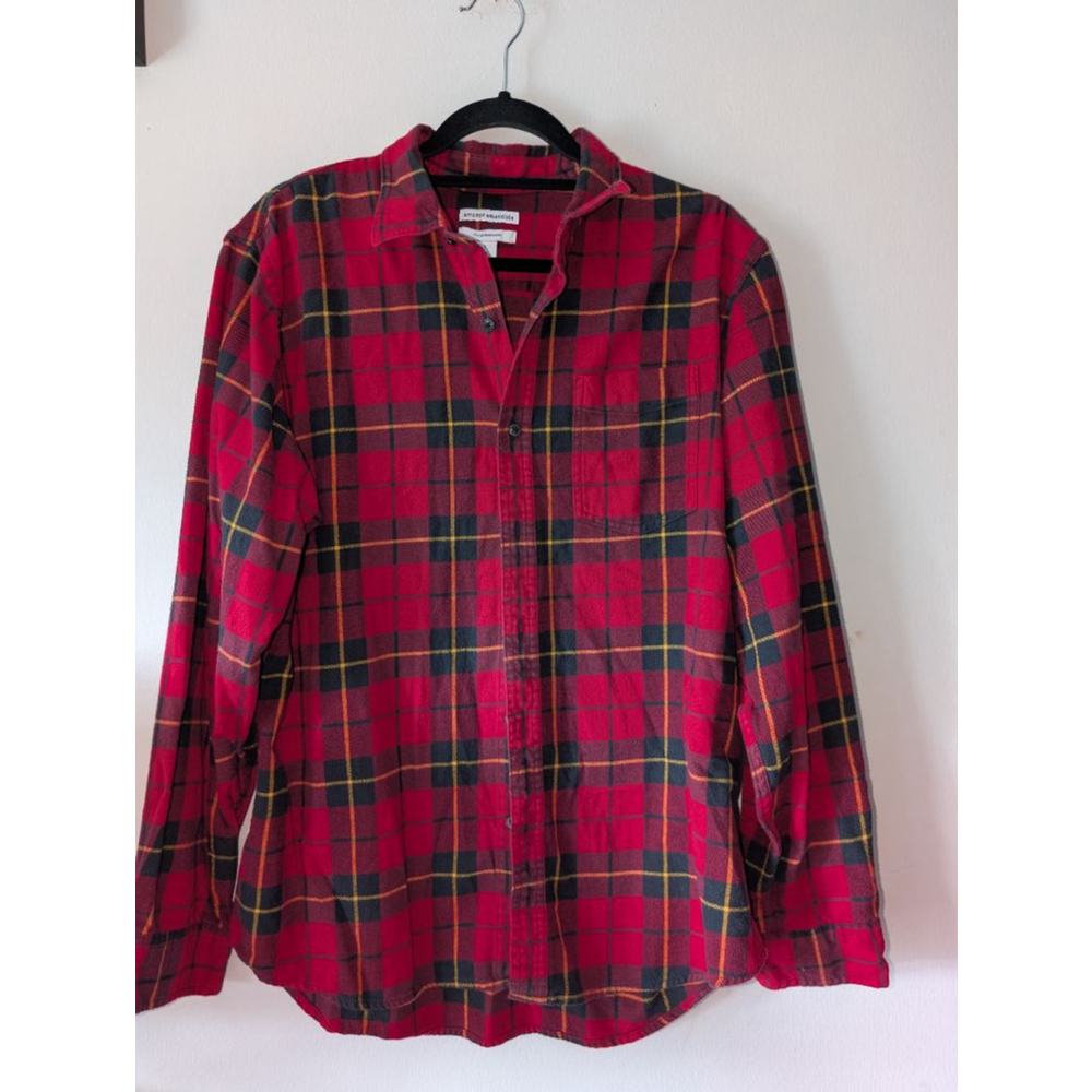 Amazon Essentials Men's Red Plaid Flannel Button Down Shirt Large